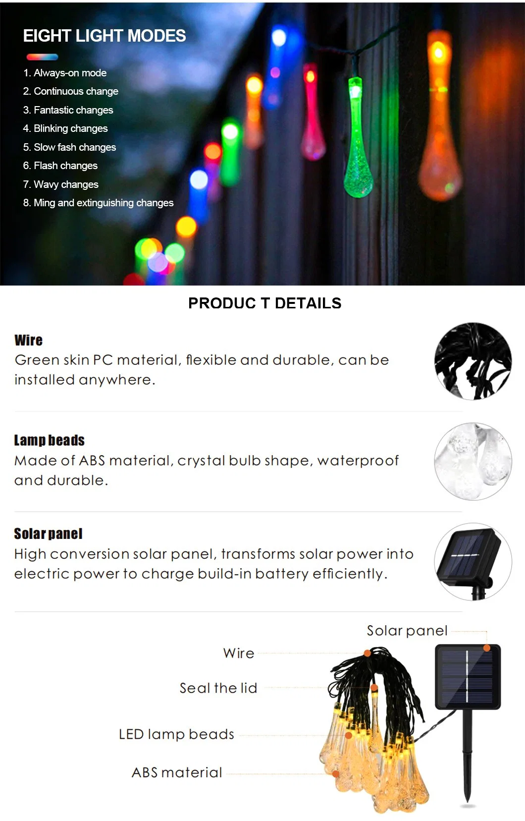 Christmas Festival Decorative Outdoor LED Solar Powered Water Drop String Lights LED Christmas Light for Garden Decoration