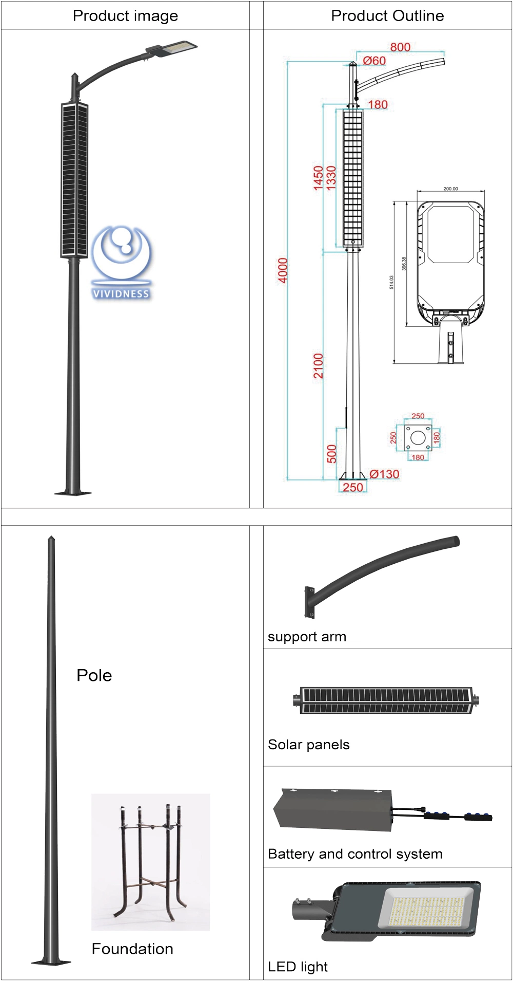 6m 8m 10m Outdoor Lighting Solar Energy MPPT Integrated Solar Powered Post Garden Lawn Street Light