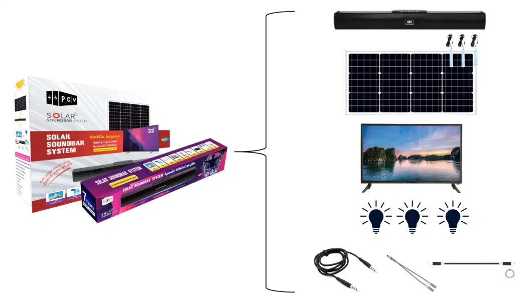 Solar Soundbar Home TV Lighting System 100W Solar Panel 20/36ah Battery Support Bluetooth FM Audio Portable HiFi Sound Theater Solar TV System