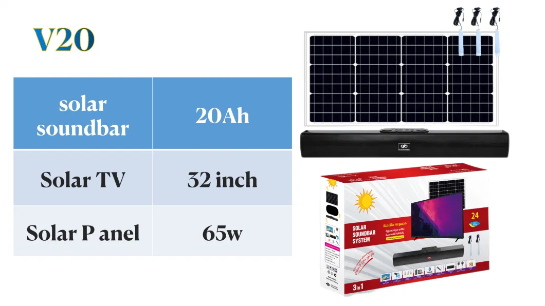 Solar Soundbar Home TV Lighting System 100W Solar Panel 20/36ah Battery Support Bluetooth FM Audio Portable HiFi Sound Theater Solar TV System