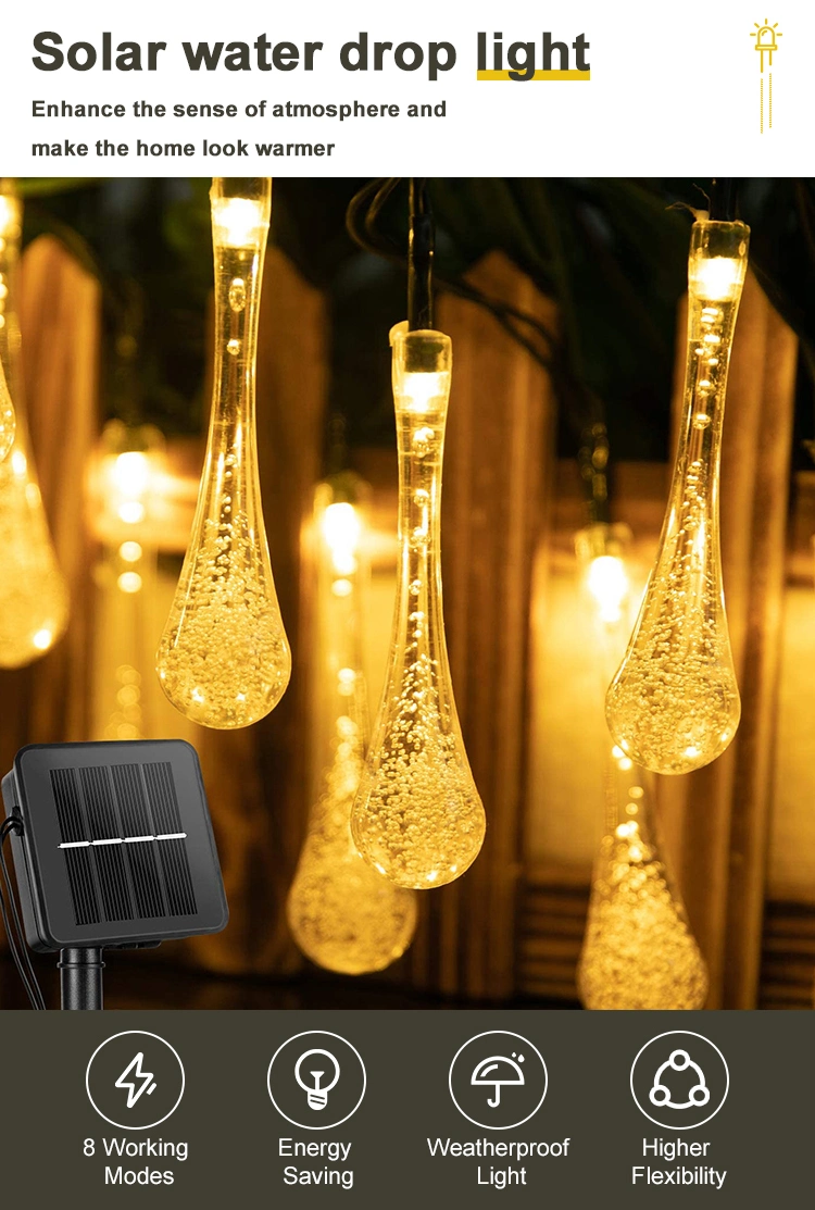 Solar String Lights Outdoor Waterproof Water Drop with 8 Lighting Modes for Wedding Party Patio Holiday Decor