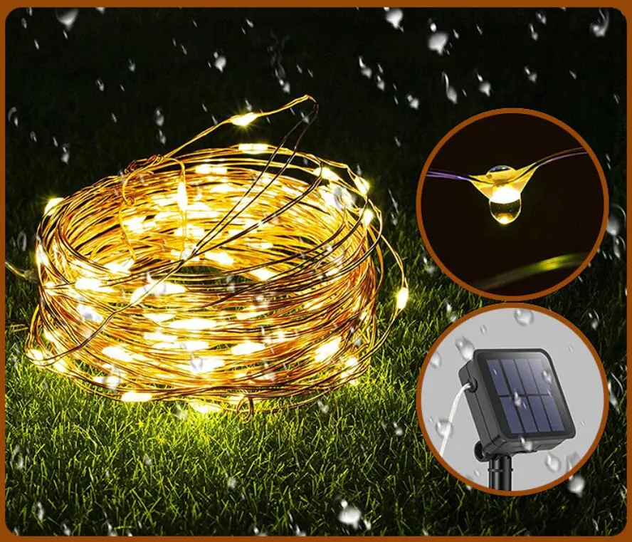 Party Garden Christmas String Copper Wire Fairy LED Solar Power Charging Outdoor Decorative Light Lamp