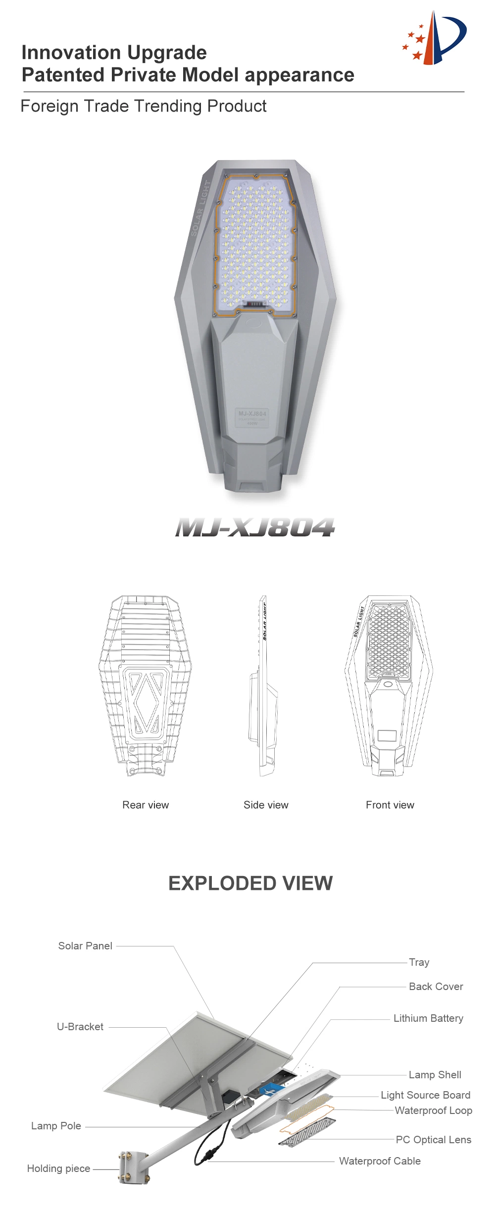 400W Energy Saving Waterproof Solar Powered Street Light for Road/House/Parking