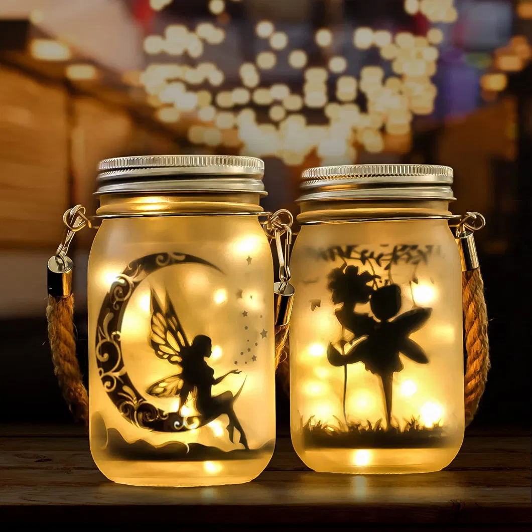 Solar Frosted Glass Hanging Mason Jar Lights Solar Fairy Lanterns with 20LEDs and DIY Paper Cards Warm White Light IP44 Waterproof Wyz21021