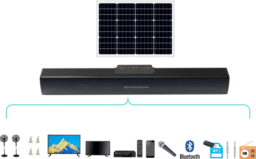 Solar Soundbar Home TV Lighting System 100W Solar Panel 20/36ah Battery Support Bluetooth FM Audio Portable HiFi Sound Theater Solar TV System