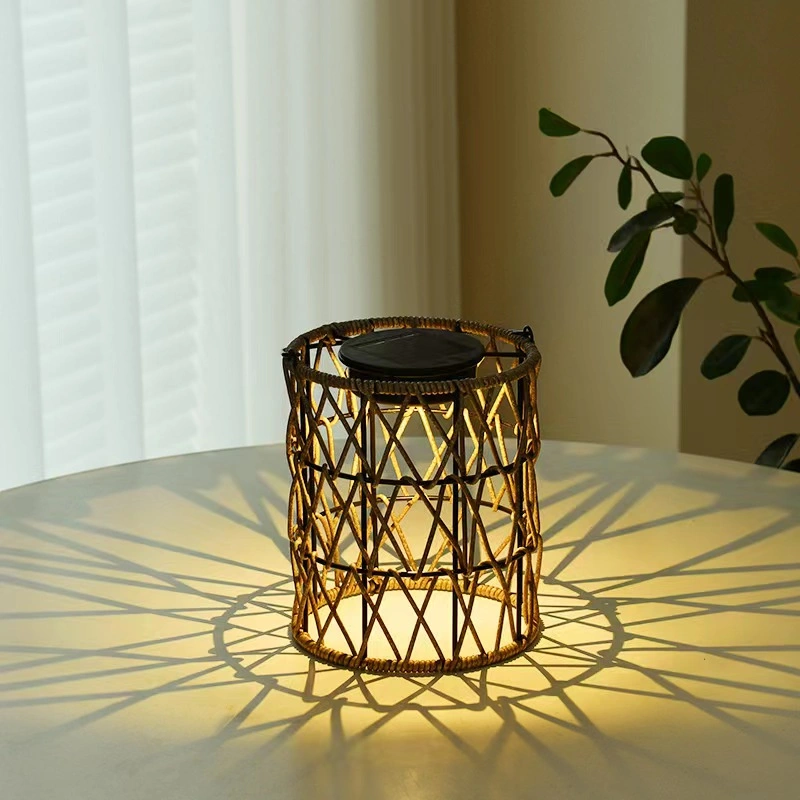 Solar Powered Rechargeable Portable Rattan Lantern for Garden Decoration