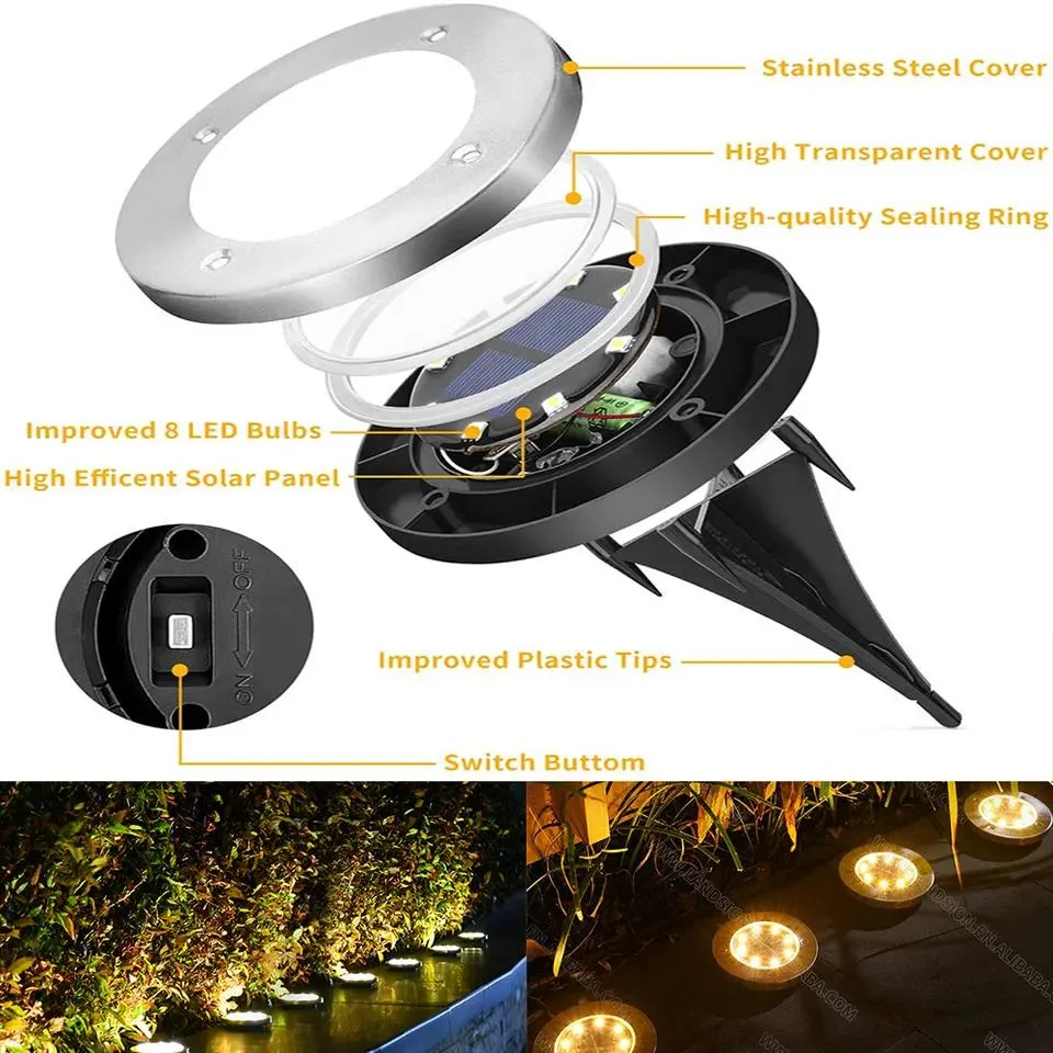 Amazon Ebay Hot Sale 8 Auto on off Night Security Disk Powered LED Garden Light Walkway Outdoor Solar Ground Lights
