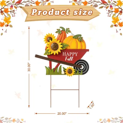  Metal Wheel Barrow Pumpkin Yard Stake/Hanging Wall Decor, Pumpkin Wagon Cart with Happy Fall Signs, Fall Harvest Porch Decorations for Garden Yarden Lawn Sign