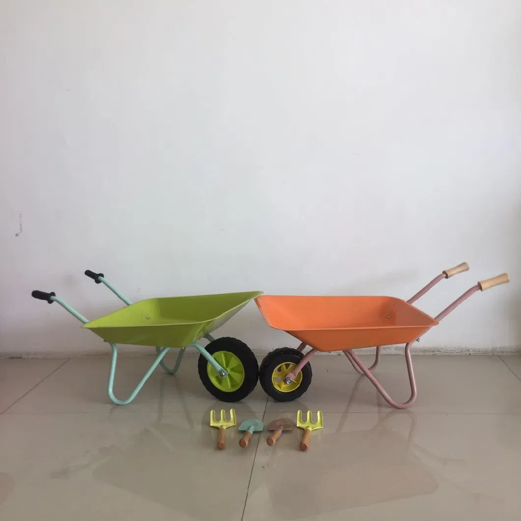 Kids Toy Wheel Barrow with Rubber Wheel and Wood Handle