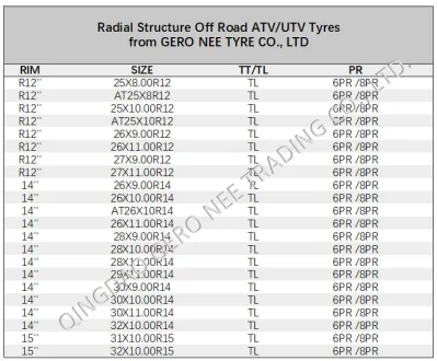 Geronee Brand 12&prime;&prime; 25X8.00r12 At25X8r12 25X10.00r12 At25X10r12 Barro todo fuera de carretera Patrones de terreno de rodadura neumáticos radiales ATV UTV Sport