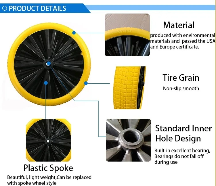 16 Inch 4.80/4.00-8 Black Color Square Pattern Wheelbarrow PU Foam Puncture Proof Solid Wheel