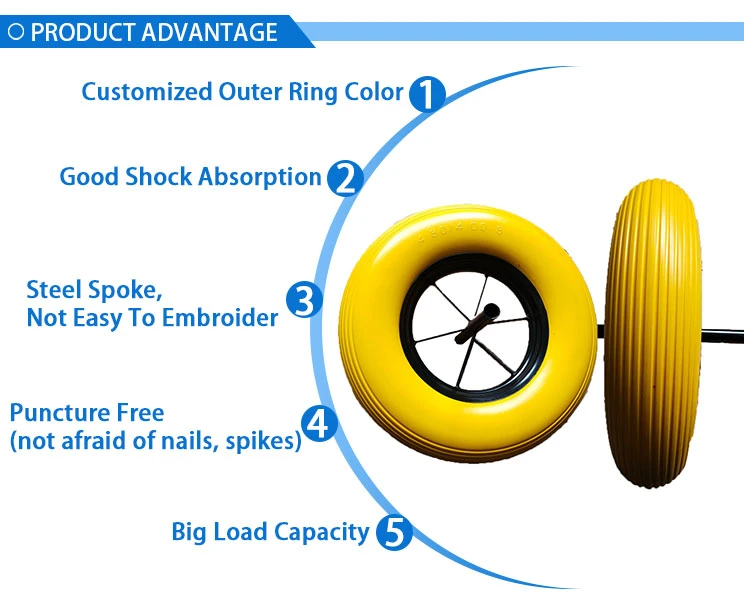 16 Inches 16X4.00-8 PU Wheel Lawn Mower Rubber Wheel Solid Wheelbarrow Tires Wheel