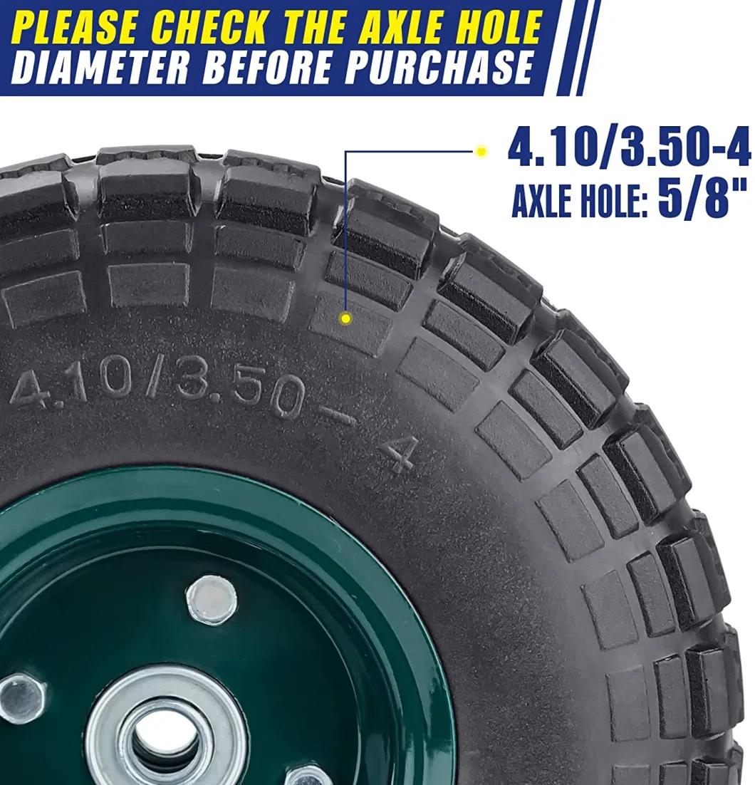 4.10/3.50-4 Solid PU Tire and Wheel with 5/8 Wheel Bearings, 10 Inch Flat Free for Non-Slip, Replacement Tire for Wheelbarrow