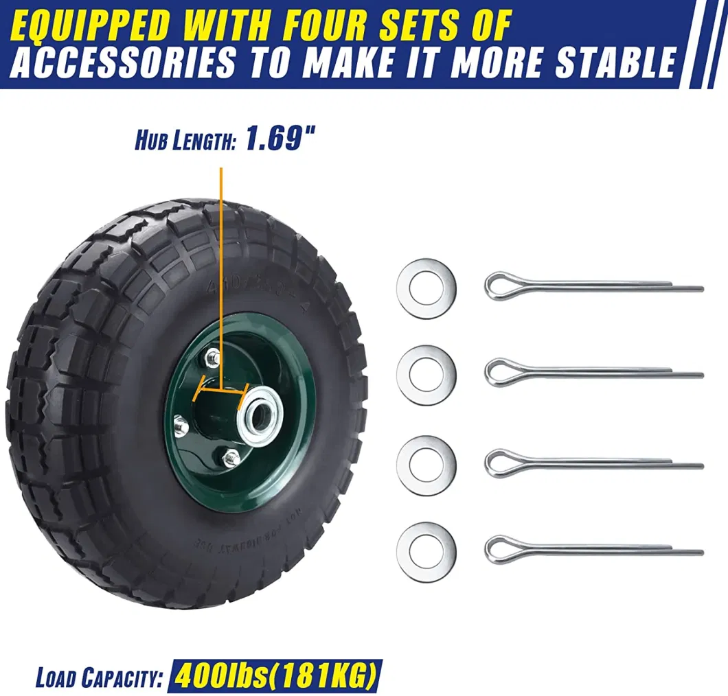 4.10/3.50-4 Solid PU Tire and Wheel with 5/8 Wheel Bearings, 10 Inch Flat Free for Non-Slip, Replacement Tire for Wheelbarrow