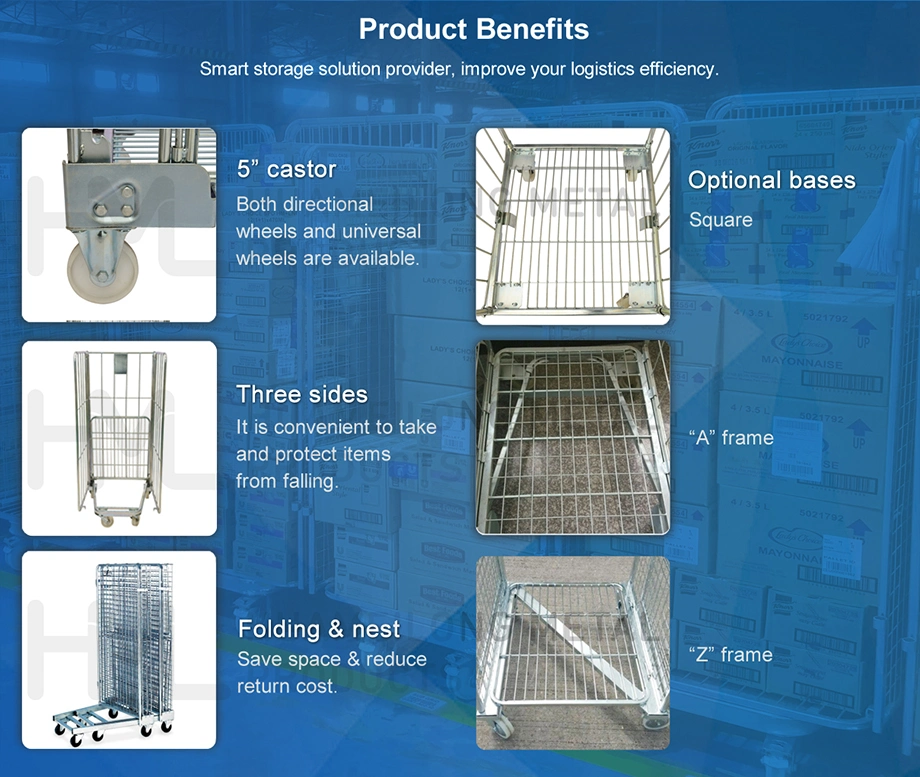 Customized Galvanized Welded Steel Nesting Foldable Storage Warehouse Logistic Trolley