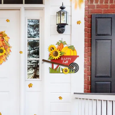 Ruota di metallo Barrow Pumpkin Yard palo / Hanging Wall decorazione, Pumpkin Wagon Cart con felice segni di caduta, autunno Harvest Porch decorazioni per Garden Yarden Lawn Sign