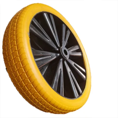 Ruota in schiuma PU con cerchione in plastica largo da 14 pollici, colore giallo Ruota per Cestino principale