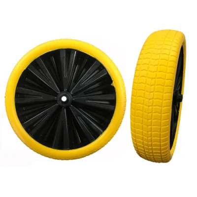 Ruota in schiuma PU con cerchione in plastica largo da 14 pollici, colore giallo Ruota per Cestino principale