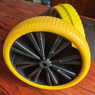 Ruota in schiuma PU con cerchione in plastica largo da 14 pollici, colore giallo Ruota per Cestino principale