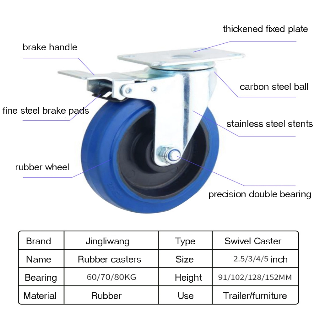 Industrial Caster 3 &quot;4&quot; 5 &quot;Blue Rubber TPR Wheel Universal Wheel Wheelbarrow Caster Fixed Swivel Castor Mute Heavy Duty Caster Castor for Replacement