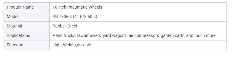 Pr1505-4 Pneumatic 10 Inch 4.10/3.50-4 Wheels Inflatable Rubber Tyre Cart Tire Wheels for Hand Truck Trolley Lawn Mower