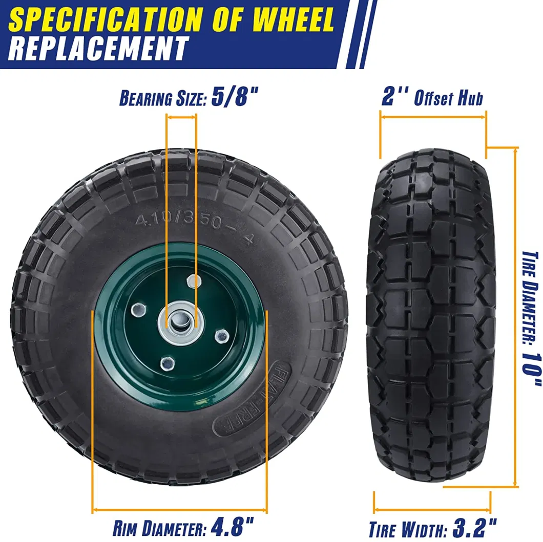 4.10/3.50-4 Solid PU Tire and Wheel with 5/8 Wheel Bearings, 10 Inch Flat Free for Non-Slip, Replacement Tire for Wheelbarrow