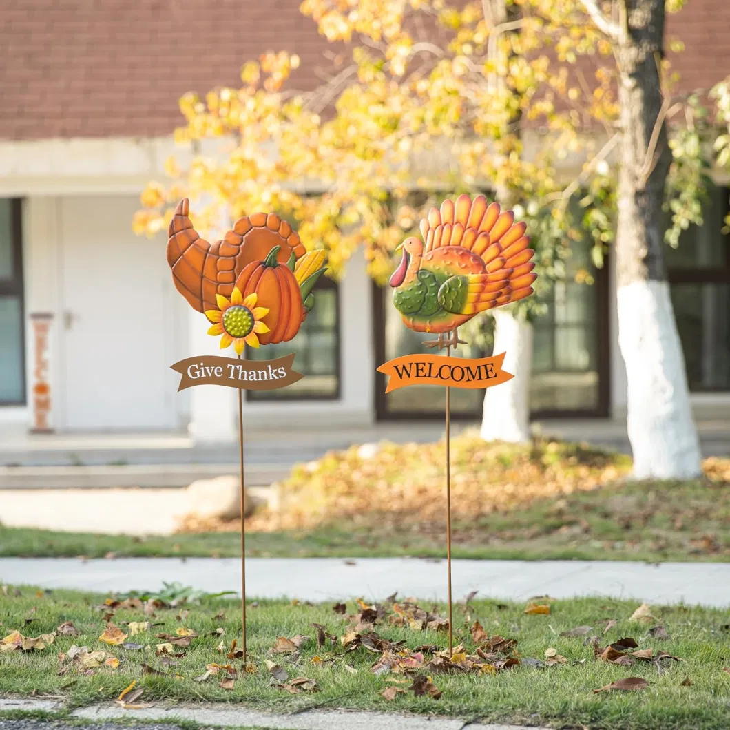 Metal Wheel Barrow Pumpkin Yard Stake/Hanging Wall Decor, Pumpkin Wagon Cart with Happy Fall Signs, Fall Harvest Porch Decorations for Garden Yarden Lawn Sign