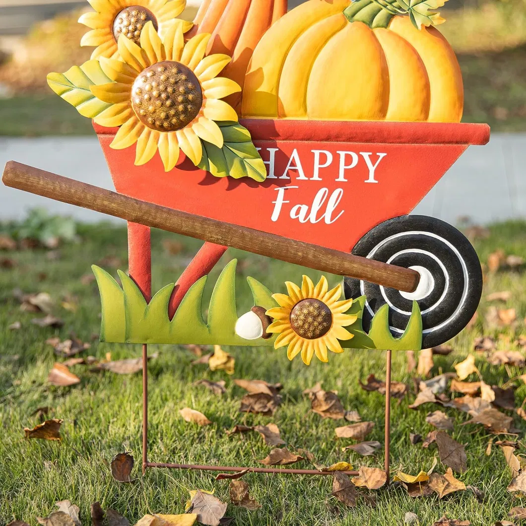 Metal Wheel Barrow Pumpkin Yard Stake/Hanging Wall Decor, Pumpkin Wagon Cart with Happy Fall Signs, Fall Harvest Porch Decorations for Garden Yarden Lawn Sign