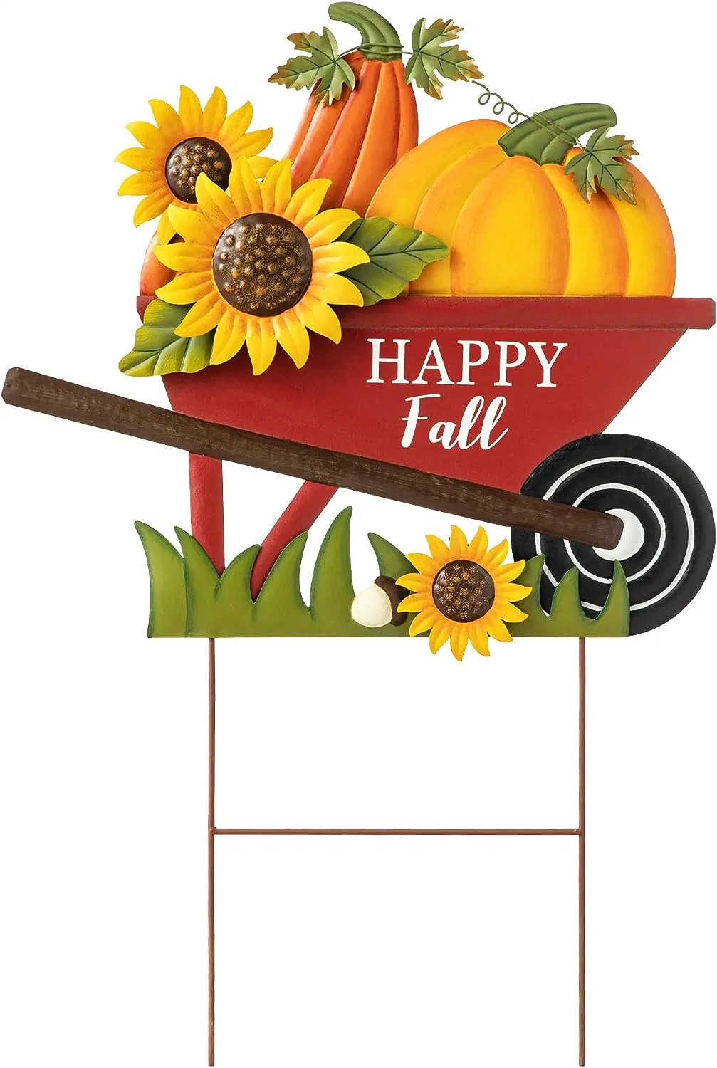 Metal Wheel Barrow Pumpkin Yard Stake/Hanging Wall Decor, Pumpkin Wagon Cart with Happy Fall Signs, Fall Harvest Porch Decorations for Garden Yarden Lawn Sign