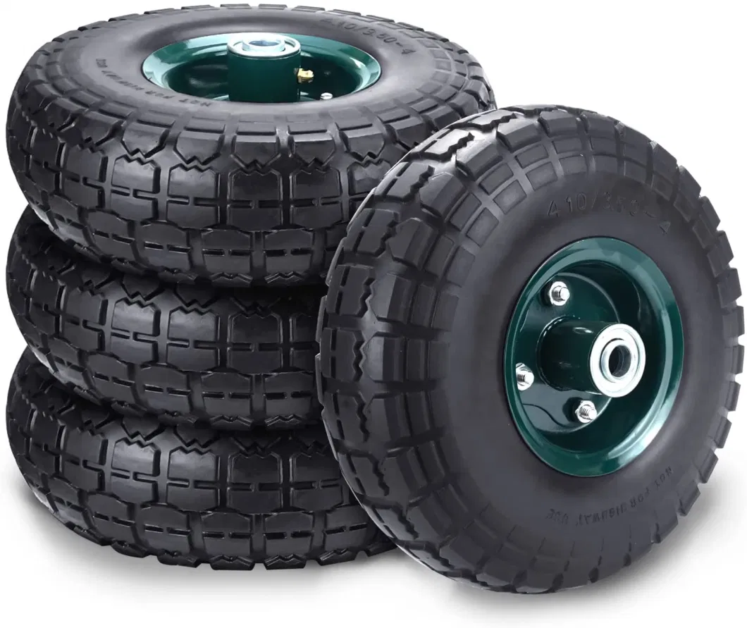 4.10/3.50-4 Solid PU Tire and Wheel with 5/8 Wheel Bearings, 10 Inch Flat Free for Non-Slip, Replacement Tire for Wheelbarrow