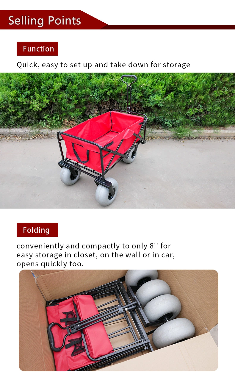 Metal Frame Folding Wagon Beach Camping Wagon Foldable Hand Carts Balloon Wheels