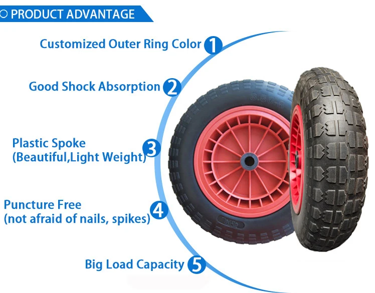 Wheelbarrow Flat Free PU Foam Wheel 3.50-8 Polyurethane Wheels and Tires for Coated Trolly