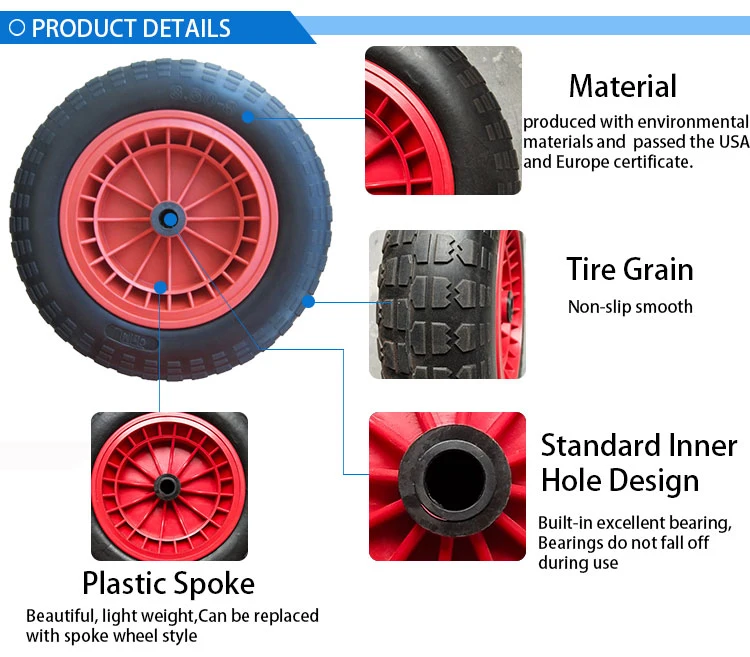 Wheelbarrow Flat Free PU Foam Wheel 3.50-8 Polyurethane Wheels and Tires for Coated Trolly