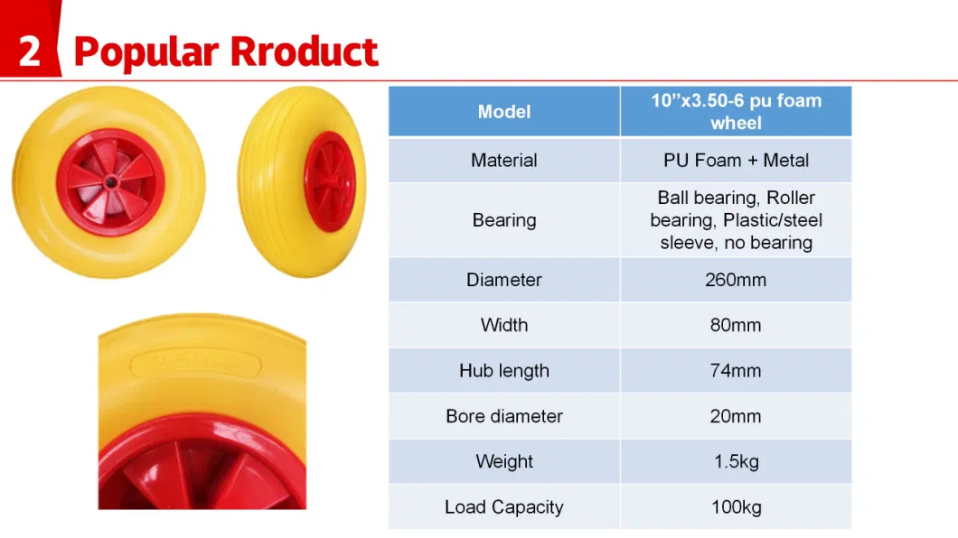 Factory Manufacture 4.00-10/4.00-8 Polyurethane PU Foam Wheel for Wheelbarrow with Steel or Plastic material