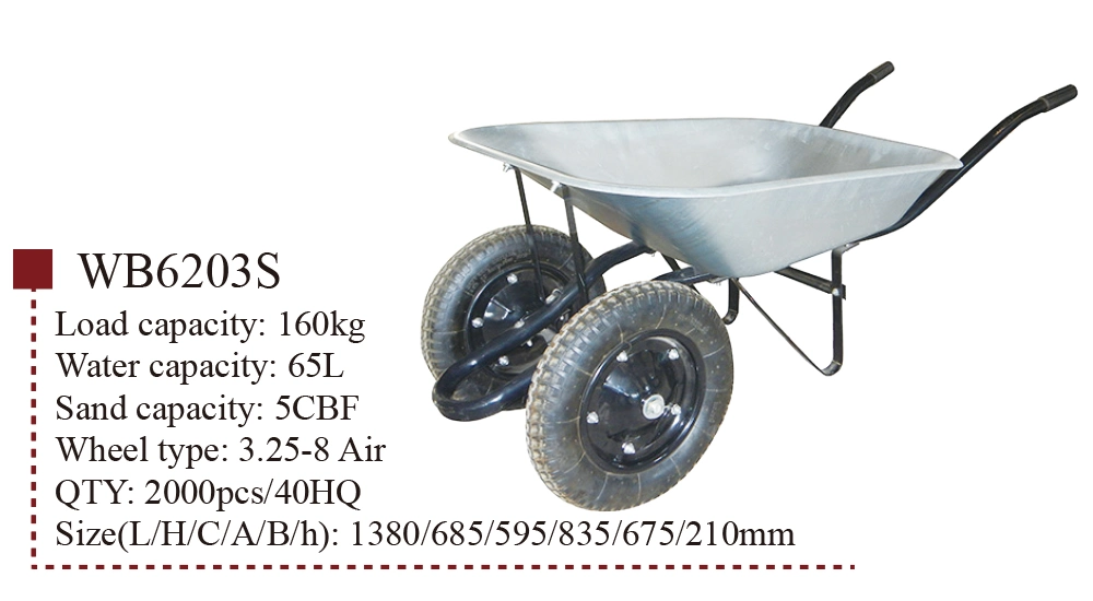 Wheelbarrow Wb6203s with Double 3.25-8 Air Wheels Garden Construction Industrial Wheelbarrow