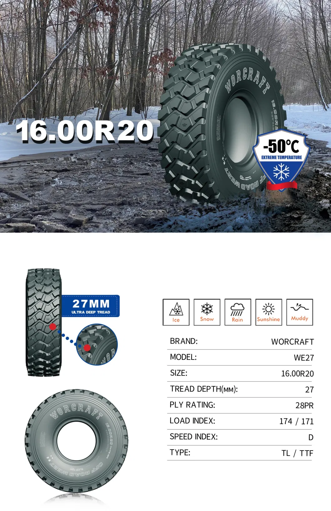 Worcraft Brand Truck Tyre 16.00r20 Deep Tread Depth