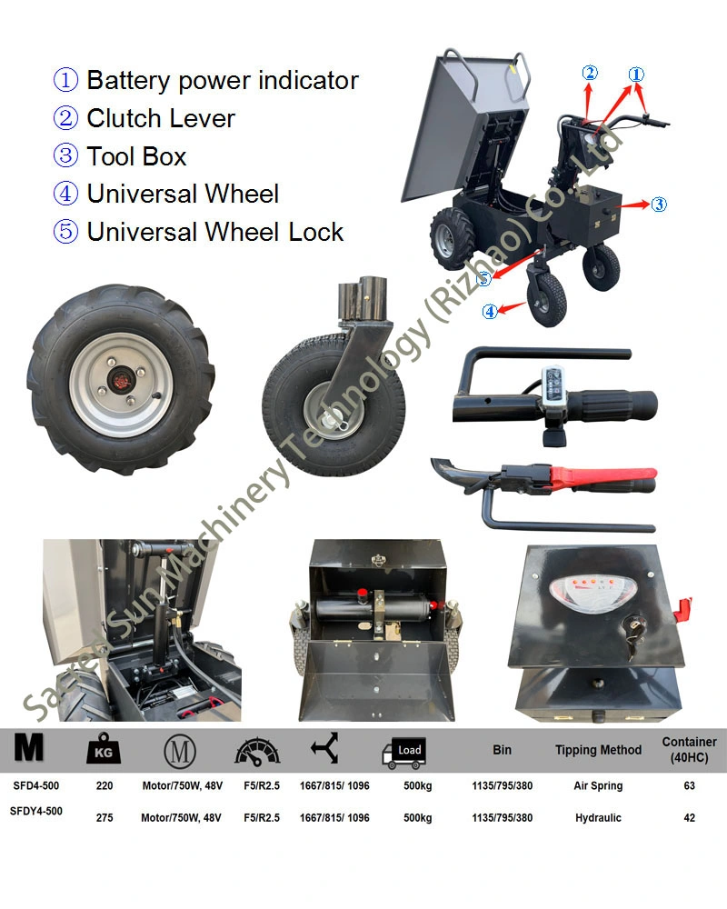 Multi-Functional Power Wheelbarrow Electric Wheelbarrow Electric Mini Dumper Electric Dump Truck with Hydraulic Tipping and 500kg Load Capacity