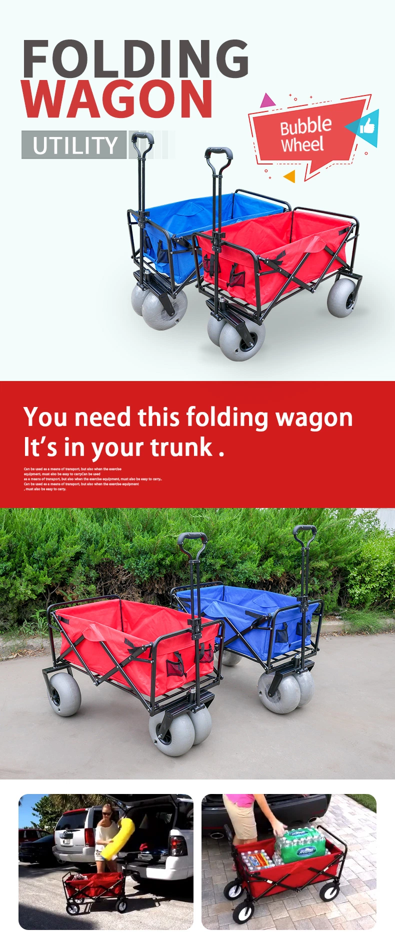 Metal Frame Folding Wagon Beach Camping Wagon Foldable Hand Carts Balloon Wheels
