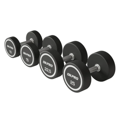 Okpro Free Weight Custom Logo Urethane Rubber Round Black Commercial Gym Fitness Equipment PU Dumbbells