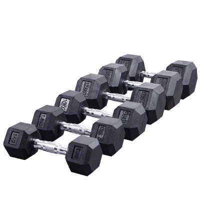 Factory Direct Sale Hexagon Rubber Coated Dumbbell Weight Lifting Push-up Stand Hex Rubber Dumbbell