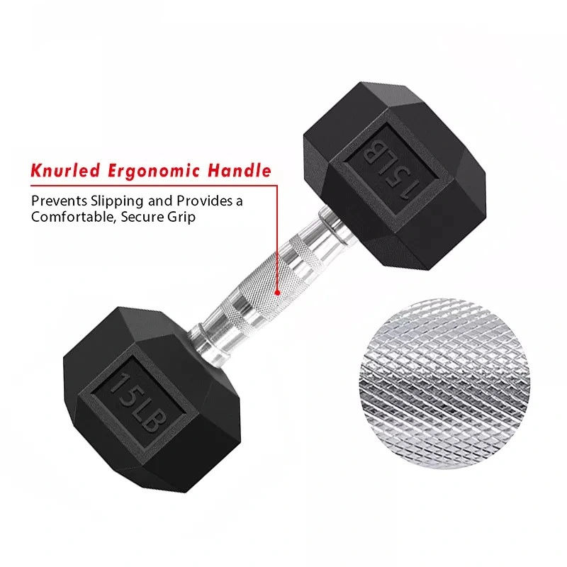 Factory Direct Sale Hexagon Rubber Coated Dumbbell Weight Lifting Push-up Stand Hex Rubber Dumbbell Hex Dumbbell