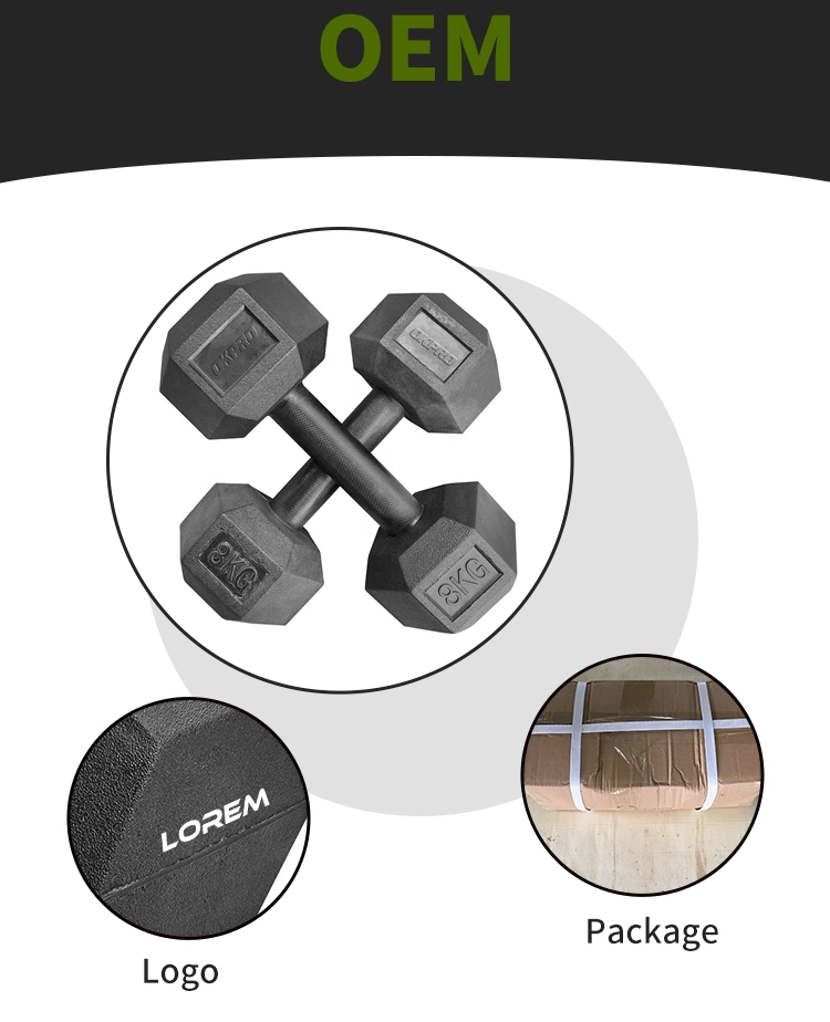 Cross Fitness Gym Basic Equipment Black Nature Rubber Coated Hex Dumbbell