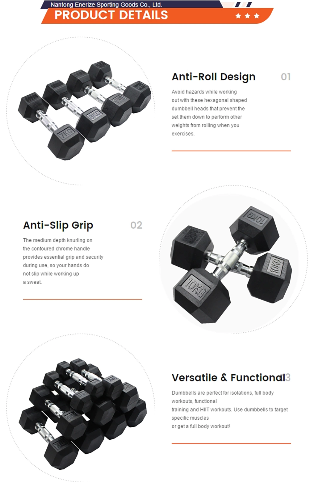 Wholesale China Manufacturer Custom Free Weight Gym 3-100 Lb 1-60 Kg Set Metal Handle Cast Iron Rubber Hex Hexagon Dumbbell