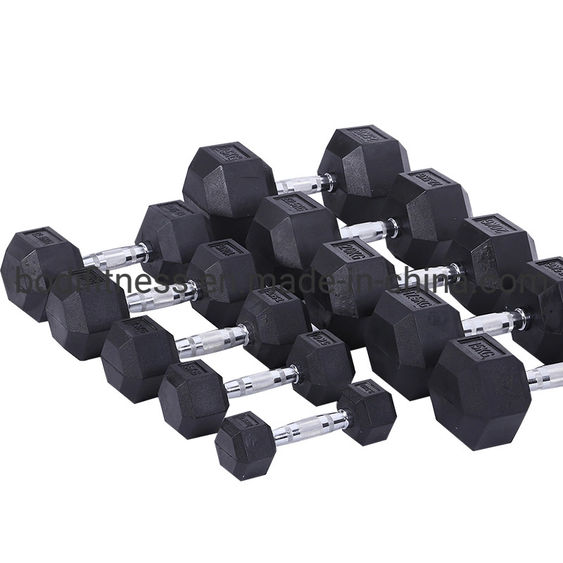 Gym Power Training Equipment Rubber Coated Steel Weights Hex Rubber Dumbbell