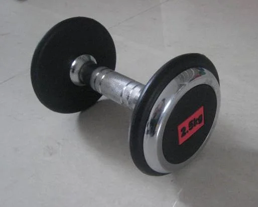 Premium Quality Black Rubber Round Dumbbell with Chrome Cap