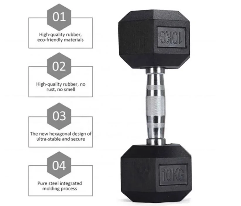 China Manufacturer Free Weight Gym Set Metal Handle Cast Iron Rubber Hex Dumbbell