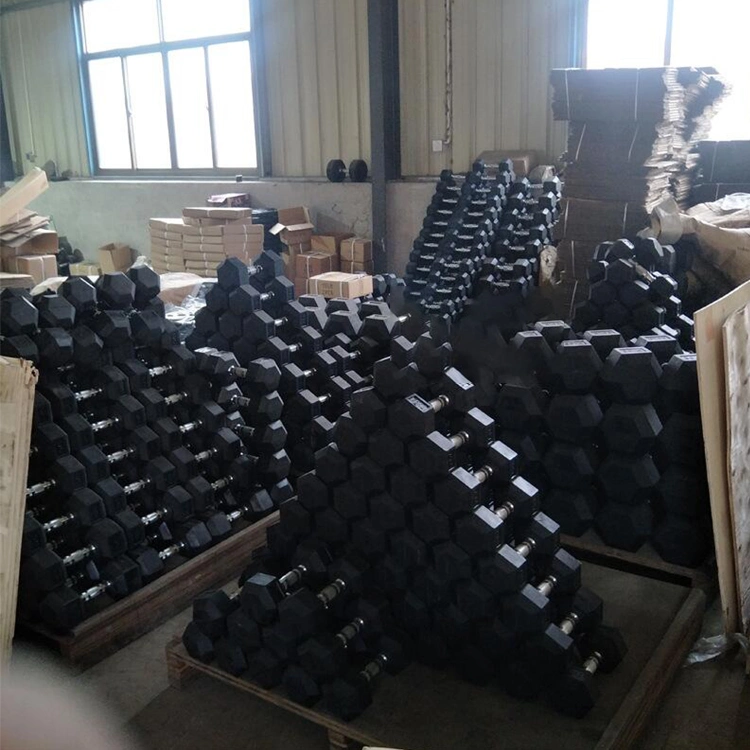 China Custom Commercial Black Handle Iron Hexagonal Dumbbells Gym Equipment Rubber Hex Dumbbells