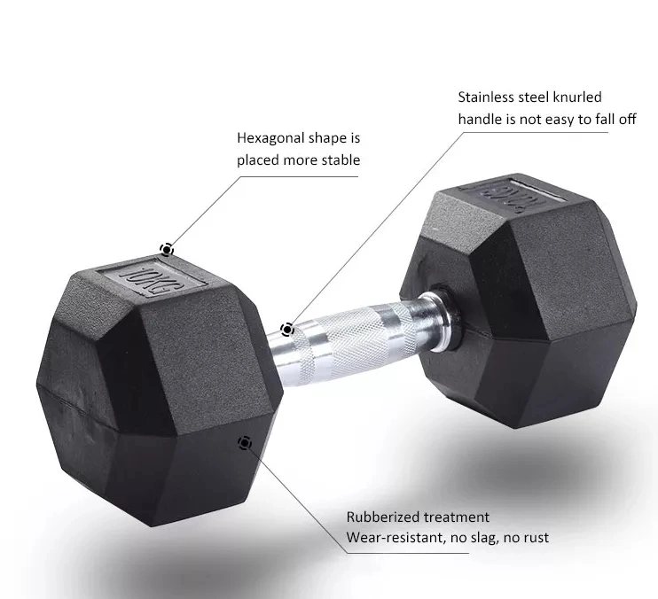 Gym Hot Sale 2.5kg-50kg Hexagonal Rubber Coated Black Iron Dumbbells Weight Lifting Hex Rubber Dumbbell Set