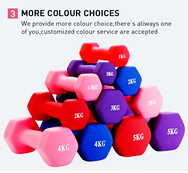 Colorful Vinyl Neoprene Coated Dipping Dummbell Weight Lifting Rubber Hex Dumbbell