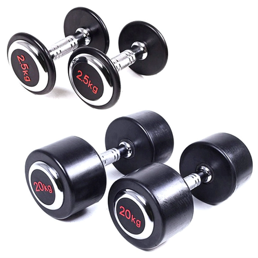 Rubber Round Dumbbell Set Home Free Weights Weight Lifting Rubber Coated Round Head Fixed Dumbbell with Chrome End Cap